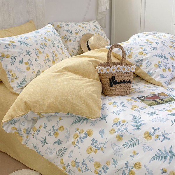 Cotton printed four piece set of small fresh bed sheets, fitted sheets, pure cotton duvet covers, student dormitory bed four piece sets