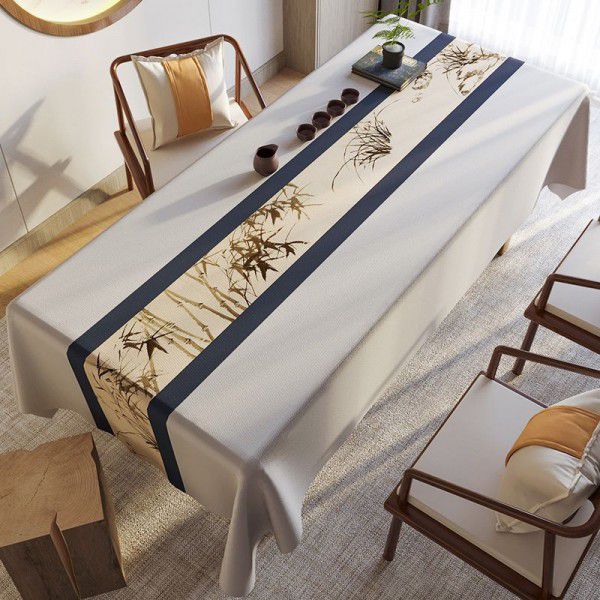 Chinese style retro and high-end tea tablecloth, light luxury cotton and linen waterproof tea table tablecloth, rectangular tea table tablecloth, Zen style