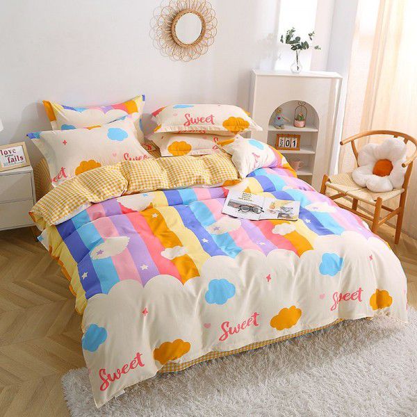 Four piece set of all cotton washed cotton for students, three piece set of long staple cotton bed, simple cotton quilt cover, bedding