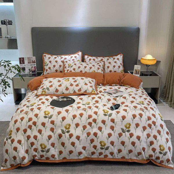 Four piece bed set with double layer yarn, washed cotton sheets, summer bedding wholesale
