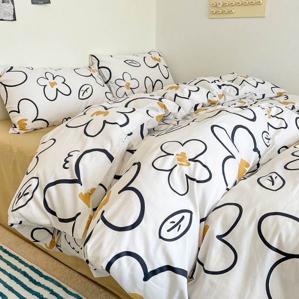 Small Fresh 100% Pure Cotton Four Piece Set, Simple All Cotton Bed Sheet, Quilt Cover, Bedding Supplies