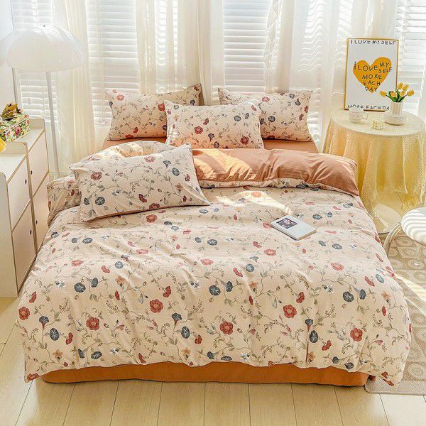 Washed cotton linen bed with a four piece set of small fresh sheets, quilt covers, dormitory with a three piece set