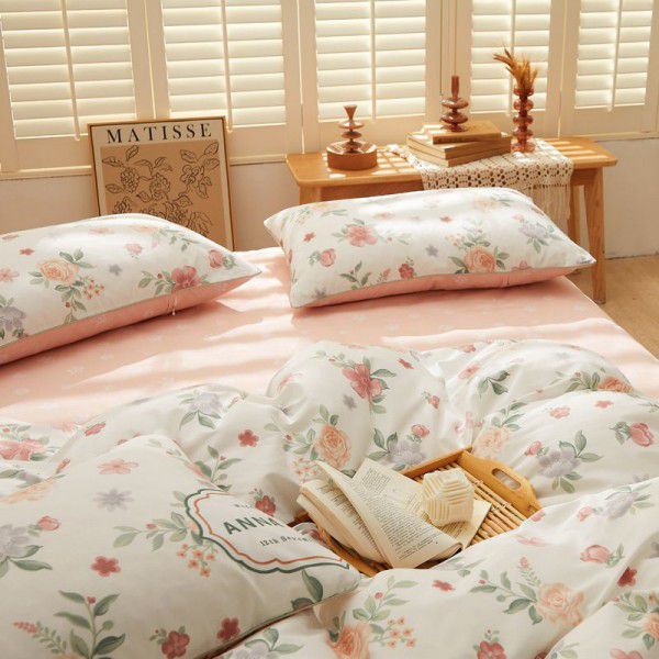 Spring striped floral bed with pure cotton four piece sheet, quilt cover, and duvet cover