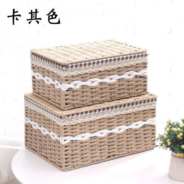 Household woven dustproof storage box, willow woven fabric storage box with lid, toy underwear, snack storage basket