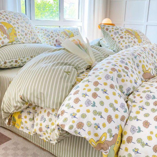 Fresh Pure Cotton Four Piece Set Autumn and Winter Cotton Three Piece Set Dormitory Bed Sheet, Quilt Cover, Fitted Sheet, Bedding Supplies
