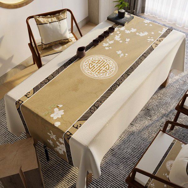 Chinese style retro and high-end tea tablecloth, light luxury cotton and linen waterproof tea table tablecloth, rectangular tea table tablecloth, Zen style