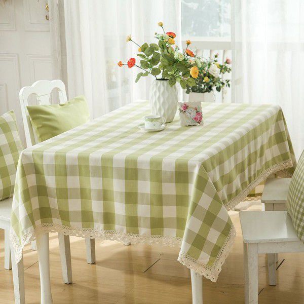 Cotton linen light green plaid waterproof fabric tablecloth minimalist dining table and desk