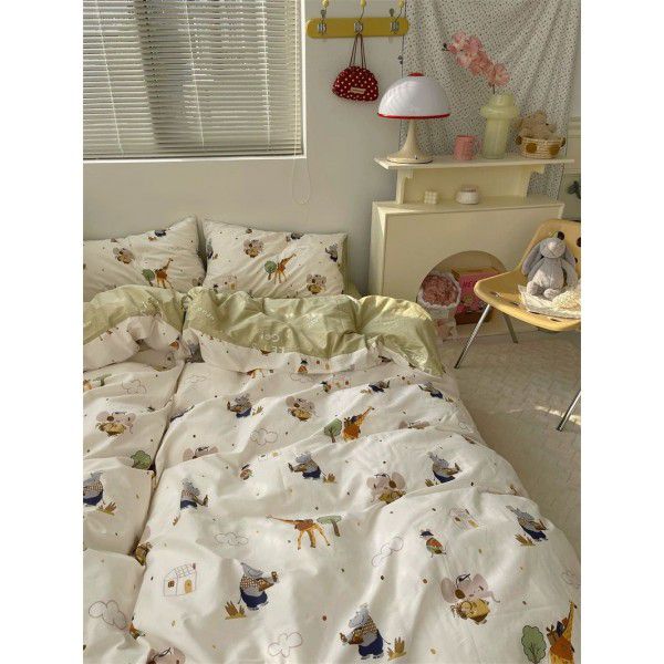 Cartoon cute pure cotton four piece set, all cotton bed sheets, quilt covers, single bed items for student dormitories