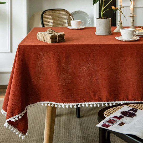 Pleated Cotton Solid Table Cloth Dessert Table Set Background Cloth Round Table Cloth Red Holiday Plush Ball Edge Table
