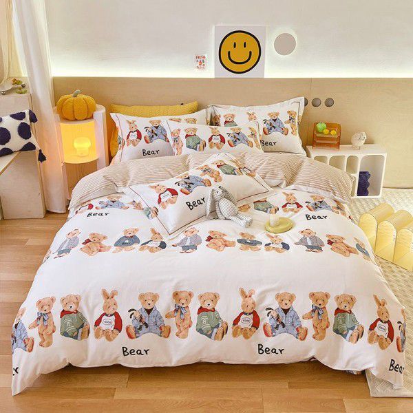 Cotton four piece set, pure cotton cartoon printed bed sheets, bed sheets, quilt covers, student bedding, 4-piece set