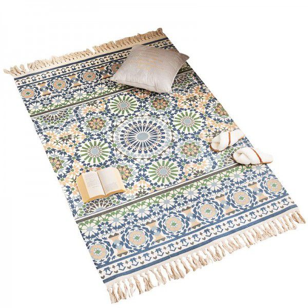 Vintage woven cotton thread, famous ethnic style cotton linen tassel floor mat, customized bedside floor mat, living room coffee table carpet, machine wash