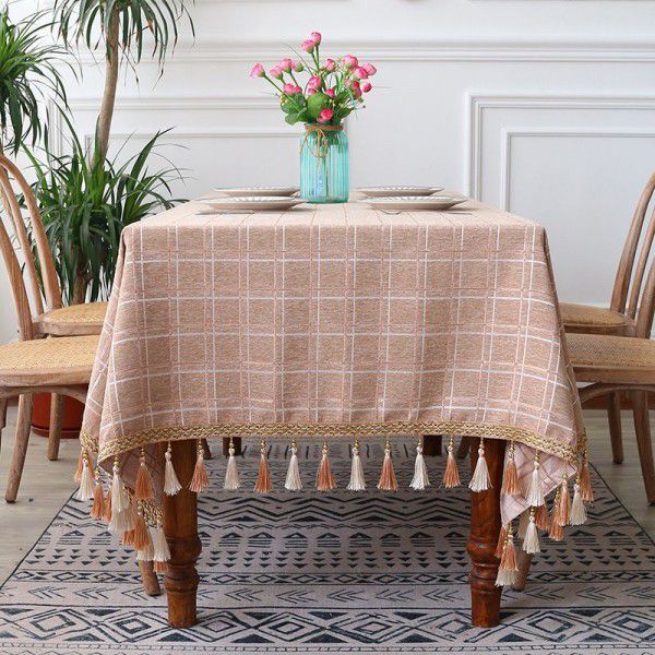 Square grid tablecloth tassel imitation cotton linen tea table mat fabric art dining table cloth