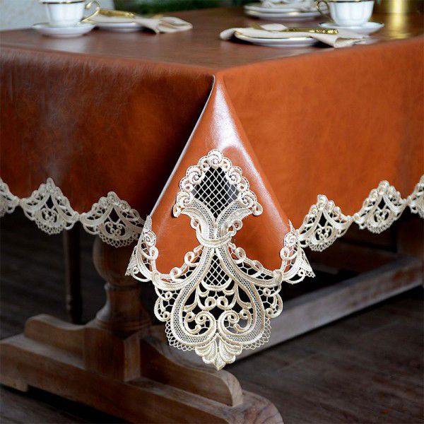 Oil wax leather tablecloth, waterproof, oil proof, and wash free French lace retro dining table cloth, European and American tea table mat, dining table fabric art