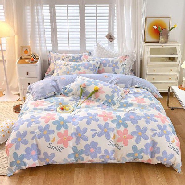 Four piece printed bed sheets and quilt covers, all cotton Nantong four piece sets, all cotton small fresh bedding