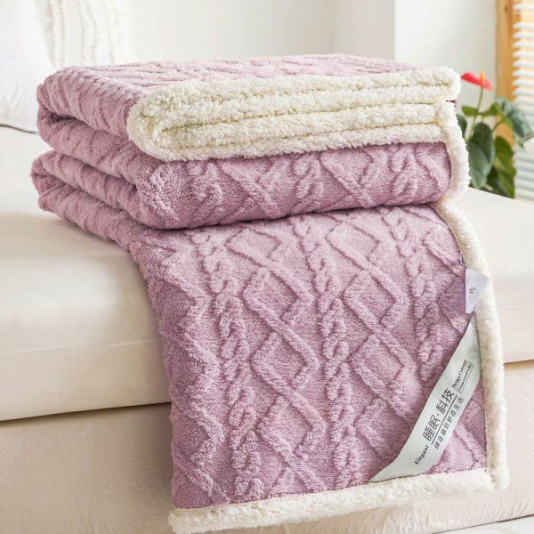 Autumn and Winter New Tafu Plush Blanket Solid Jacquard Double Layer Lamb Blanket