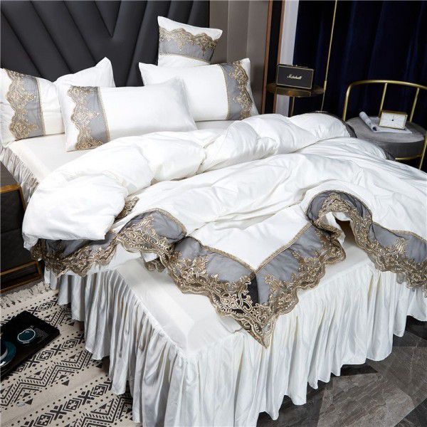 Lace edge bed set of four pieces, washed ice silk, real silk bed sheets, bed skirts, white bedspreads