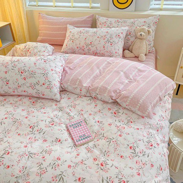 Cotton four piece set with small floral patterns, pure cotton bed sheets, quilts, bed sheets, student dormitories, three piece set