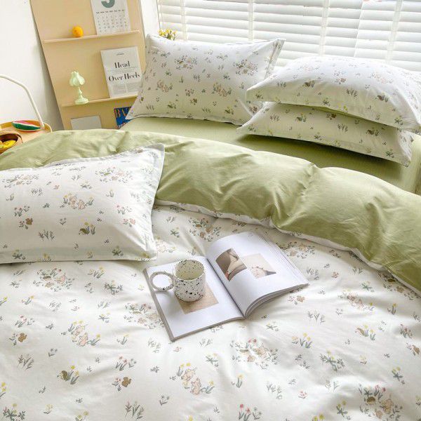 Four piece set of floral spring and autumn bedding, quilt cover, bed sheet, three piece set of fitted sheet