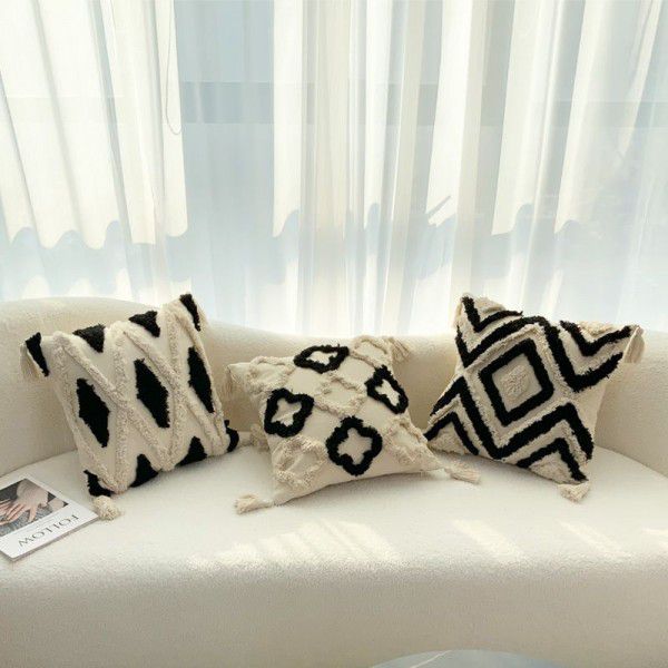 Moroccan tufted pillow, Syrian black and white geometric sofa cushion, bedside cushion, homestay decorative square pillow
