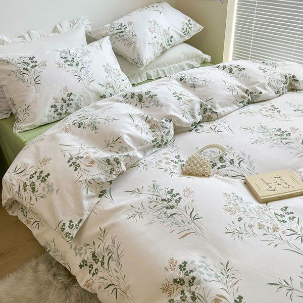 Small Fresh 100% Pure Cotton Four Piece Set, Simple All Cotton Bed Sheet, Quilt Cover, Bedding Supplies