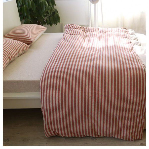 Tianzhu Cotton Four Piece Set Japanese Knitted Cotton Striped Quilt Cover Bed Sheet and Fitted Sheet 1.51.8m Bedding