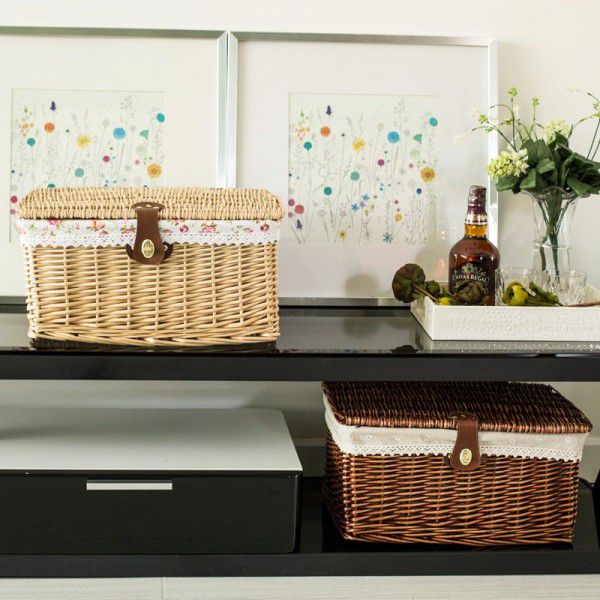 Household goods with a lid storage square basket storage basket woven pastoral rattan woven storage box