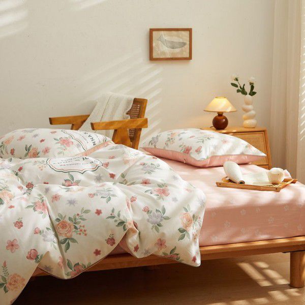 Spring striped floral bed with pure cotton four piece sheet, quilt cover, and duvet cover