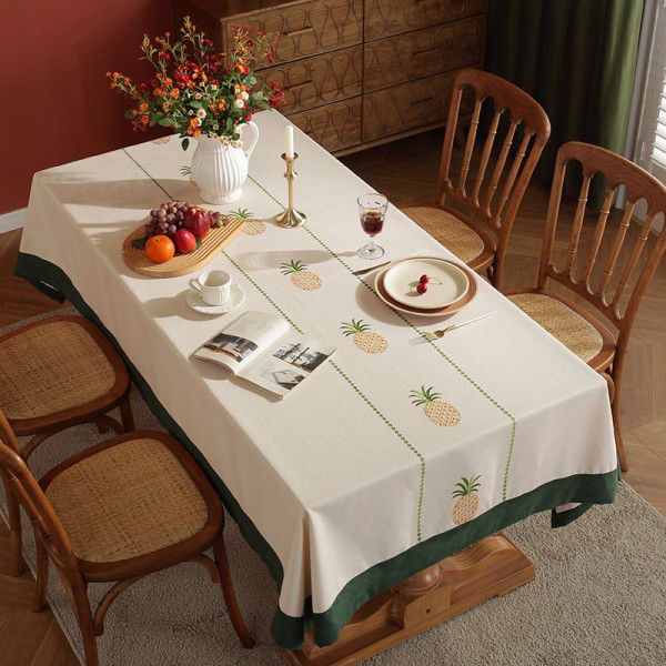 American light luxury tablecloth, rectangular dining table cloth, cotton and linen fabric, embroidered edge covering, tablecloth