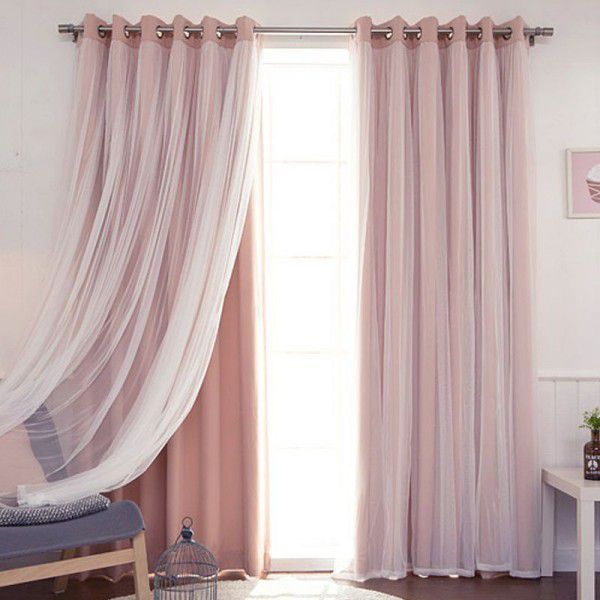 Double layer finished princess style curtains, living room, bedroom, fully shaded mesh, red hollow curtain fabric, no punching