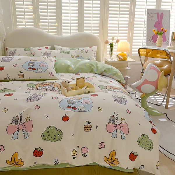 Small Fresh Four Piece Set of Pure Cotton Printed Bed Sheet, Quilt Cover, Bedding, Fitted Sheet, Cartoon