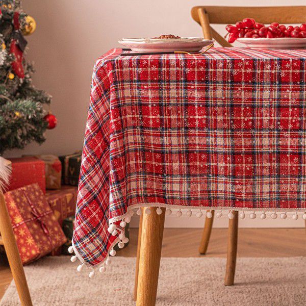 American retro Christmas snowflake plaid dining table cloth New Year festive red decorative cloth tea