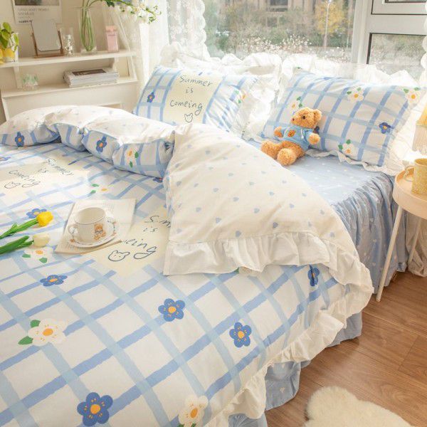 Pure cotton four piece set, cotton lace bed sheet, children's quilt cover, three piece bed fitted sheet