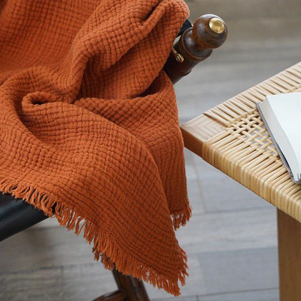 Cotton plain four layer yarn tassel blanket, simple, casual, skin friendly, breathable, nap blanket, decorative blanket