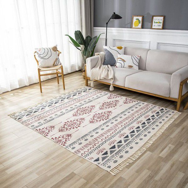 Vintage woven cotton thread, famous ethnic style cotton linen tassel floor mat, customized bedside floor mat, living room coffee table carpet, machine wash