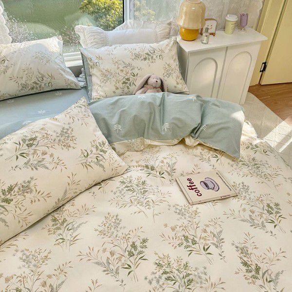 Cotton high count four piece set with floral mesh red bedding, quilt cover, bed sheet, three piece set with fitted sheet