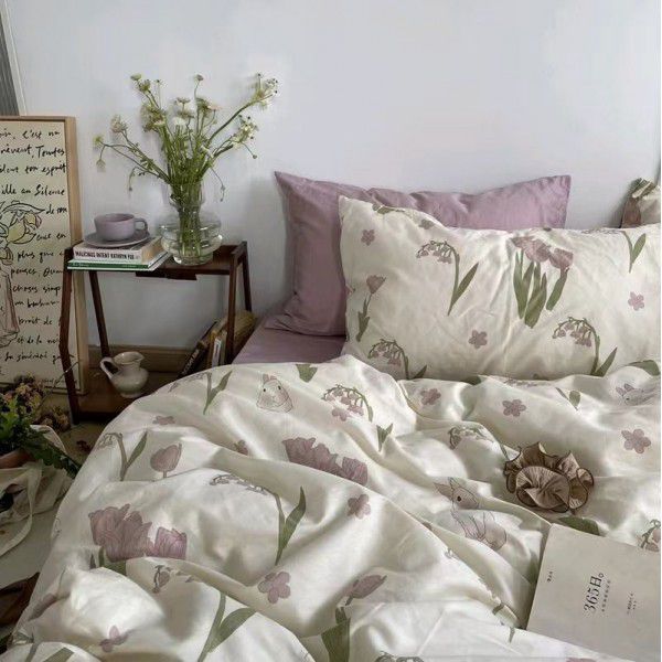 Vintage floral all cotton bed top four piece set, pure cotton girl heart bed sheet and quilt cover