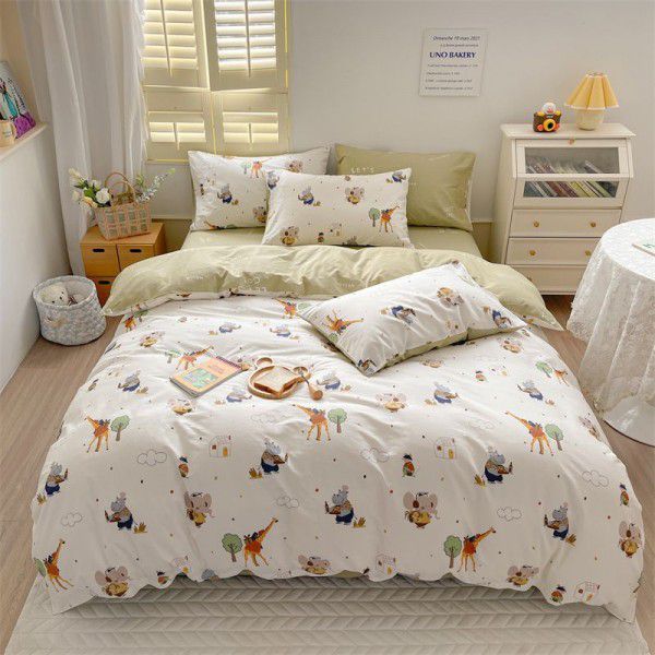 Cotton Little Fresh Cute Rabbit Cartoon Pure Cotton Four Piece Set Student Dormitory Bed Sheet and Quilt Set Four Piece Set