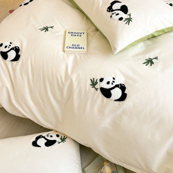 Cartoon Panda Towel Embroidered Bed Set of Four Pieces Cotton Quilt Cover, Student Dormitory Bed Sheet Set of Three Pieces Fitted Sheet