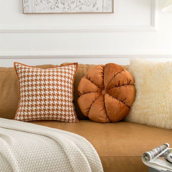 Bedhead cushion, orange thousand bird grid, modern and simple high-end imitation wool cushion, sofa cushion