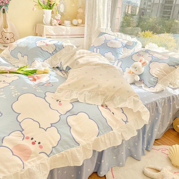 Pure cotton four piece set, cotton lace bed sheet, children's quilt cover, three piece bed fitted sheet