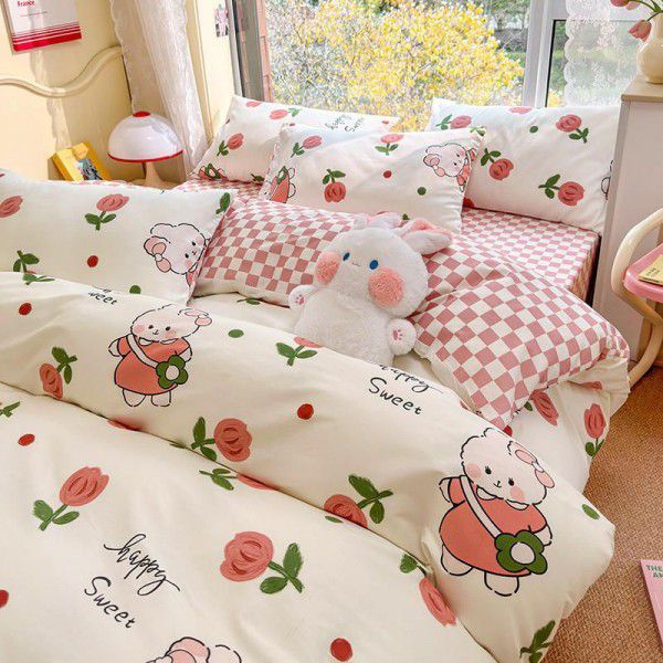Cotton four piece set with small floral patterns, pure cotton bed sheets, quilts, bed sheets, student dormitories, three piece set