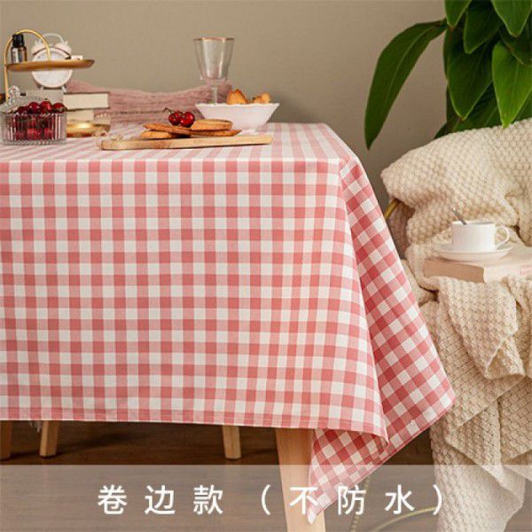 Table cloth fabric pink small grid rectangular waterproof table cloth pastoral small fresh computer table dressing table tablecloth