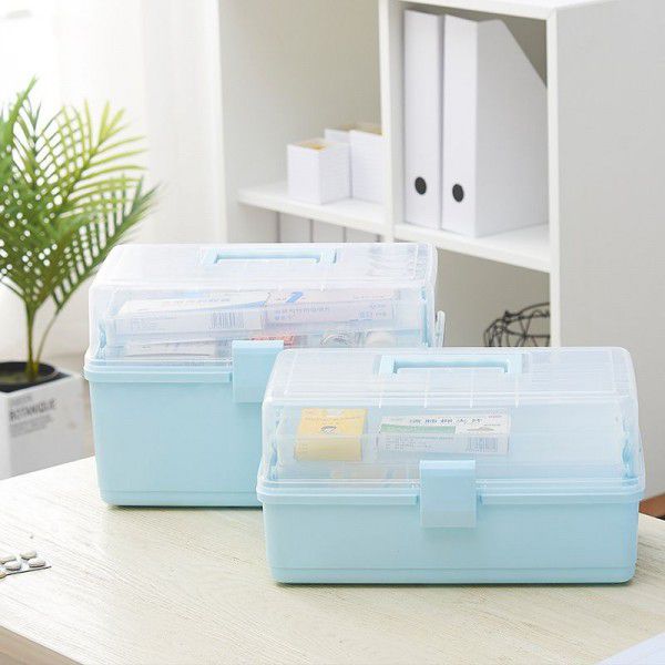 Household portable transparent three-layer multi-purpose storage box, rectangular large folding storage box, household medicine box toolbox