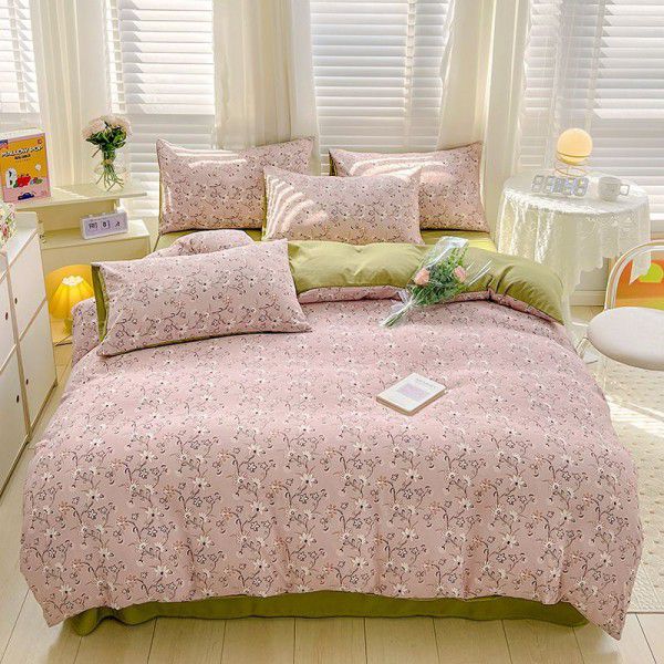 Washed cotton linen bed with a four piece set of small fresh sheets, quilt covers, dormitory with a three piece set