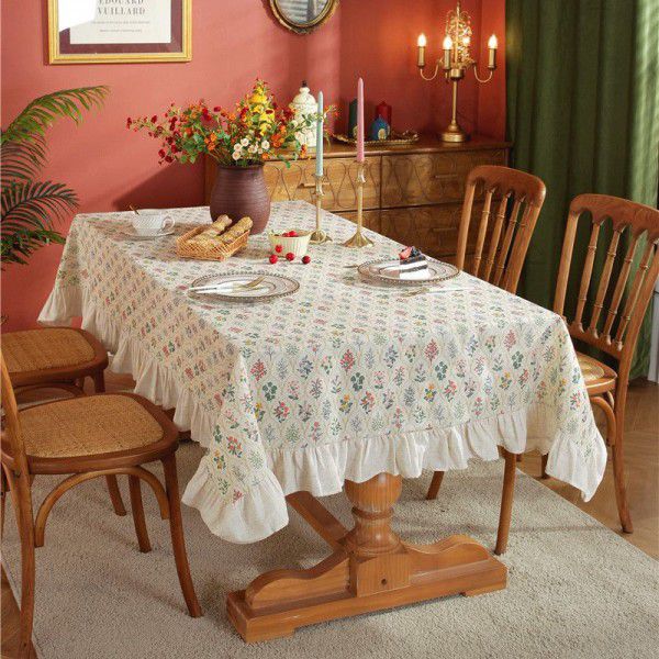 French Vintage Heather Green Planting Table Cloth Spliced with Ruffle Edge Round Table Cloth Small Flower Pastoral Style Round