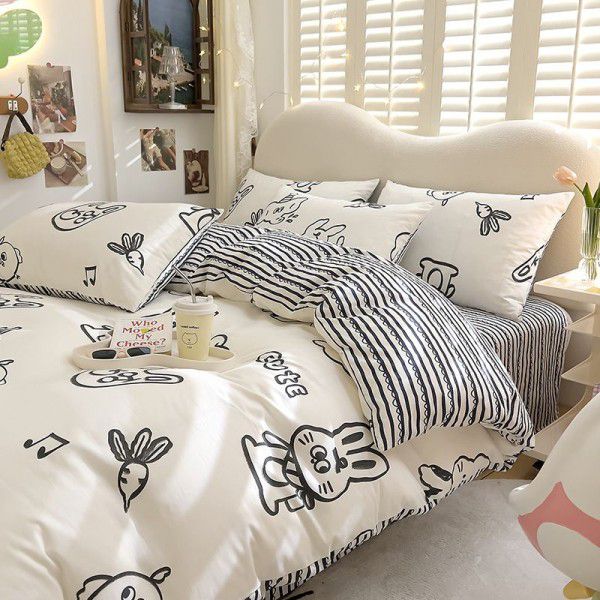 Small Fresh Four Piece Set of Pure Cotton Printed Bed Sheet, Quilt Cover, Bedding, Fitted Sheet, Cartoon
