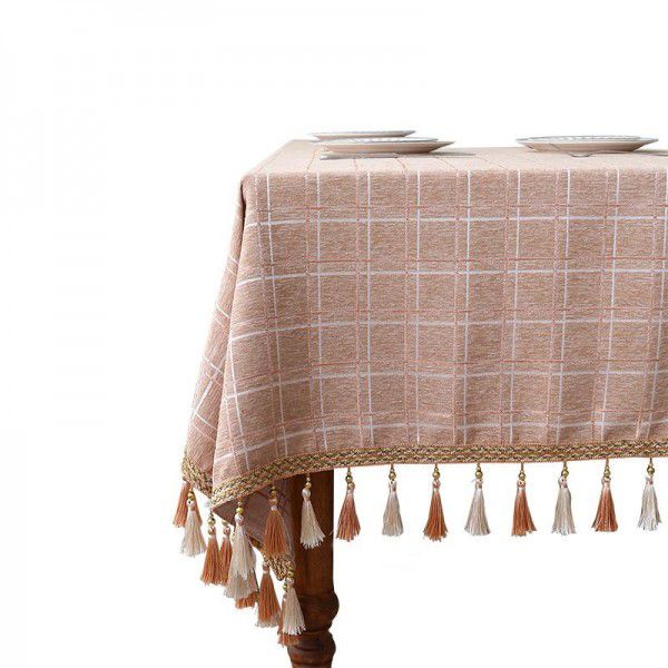 Square grid tablecloth tassel imitation cotton linen tea table mat fabric art dining table cloth