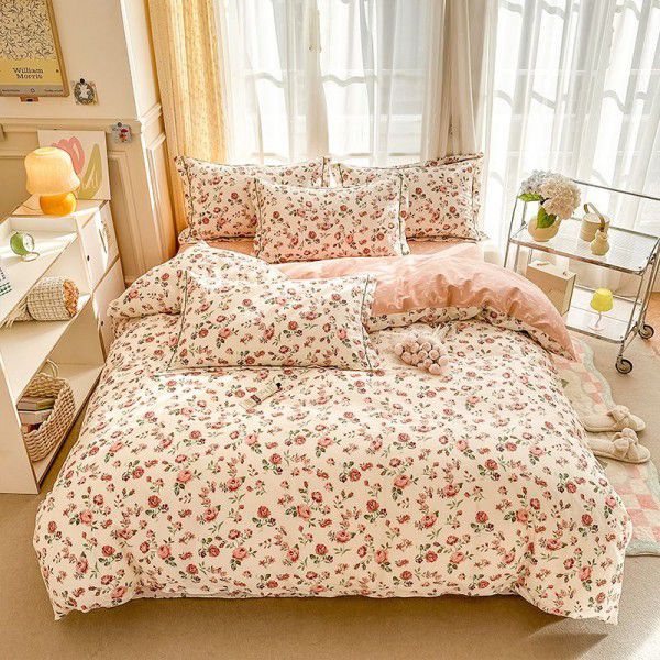 Four piece printed bed sheets and quilt covers, all cotton Nantong four piece sets, all cotton small fresh bedding
