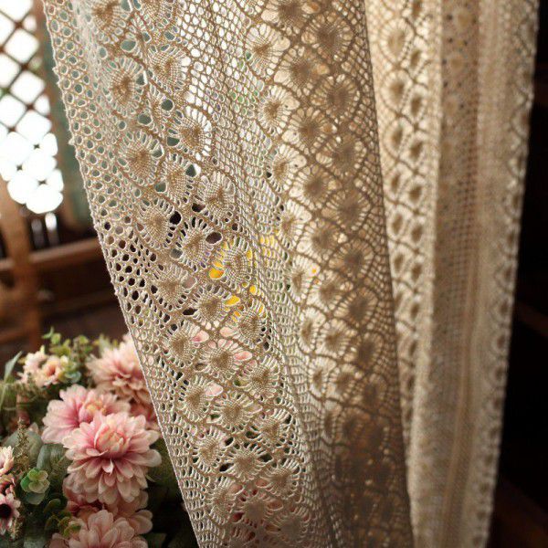 American style rural finished curtains, cotton linen, rural crochet, hollowed out living room, balcony, bedroom, bay window, artistic style