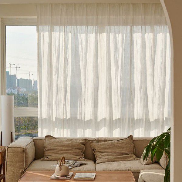 New Wrinkled White Yarn French Light Luxury Curtain Bedroom Screen White Semi translucent Screen Curtain